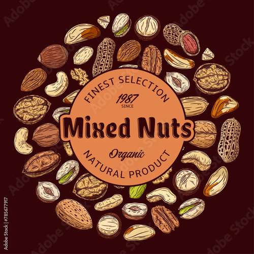 Vector mixed nuts label. Nuts seeds, kernels and shells hand-drawn vector icons