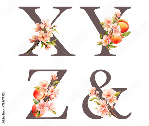 Set of floral letters X-Z with blooming peach tree branches and fruits, isolated illustration on white background, for wedding monogram, greeting cards, logo (ID: 785677923)