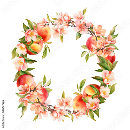 Watercolor wreath with peaches tree blooming branches and fruits, isolated illustration for wedding and holiday cards, kitchen design, posters (ID: 785677926)