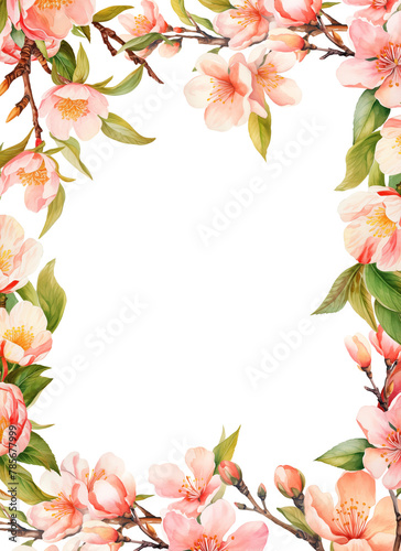 Watercolor frame border  card template with peaches tree blooming branches  isolated illustration for wedding and holiday cards  posters