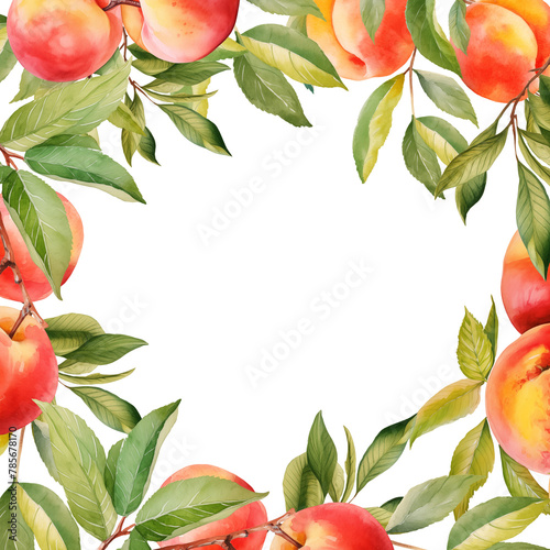 Watercolor frame border, card template with peaches tree branches and fruits, isolated illustration for wedding and holiday cards, posters (ID: 785678170)