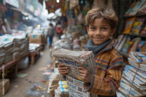 A cheerful child holding a bundle of newspapers poses on a city street, evoking a hopeful and enterprising spirit