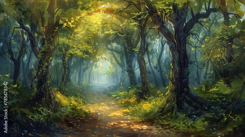 Sunlight filtering through the canopy in a dense forest, casting dappled patterns on the forest floor and creating a serene, magical atmosphere.