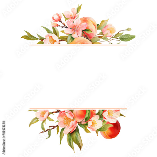 Watercolor frame border with peaches tree branches and fruits, isolated illustration for wedding and holiday cards, kitchen design, posters