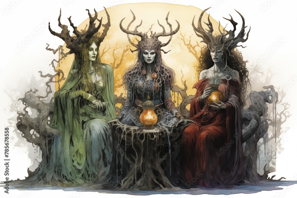 Illustration of the Norns in front of the Moon on a White Background