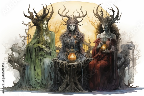 Illustration of the Norns in front of the Moon on a White Background