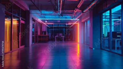 Neon lights shining in an empty office AI generated illustration