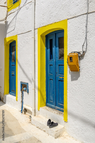 Greek house with colorful door in Nikia village on Nisyros island. Greece
