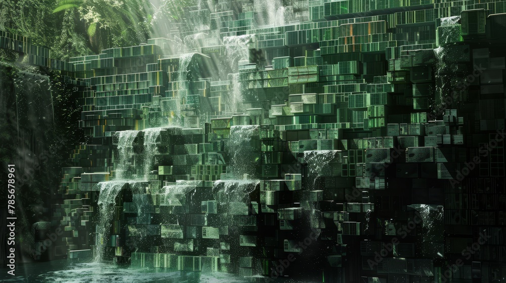 Pixelated banknotes cascading down like a digital waterfall   AI generated illustration