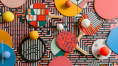 Ping pong paddles and balls in a retro Memphis-inspired pattern   AI generated illustration