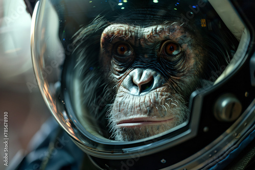 Thoughtful chimpanzee astronaut in space helmet. Generative AI image photo