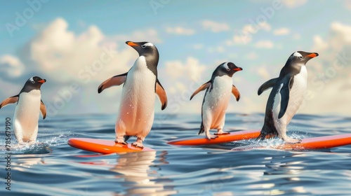 Playful penguins on flying surfboards AI generated illustration
