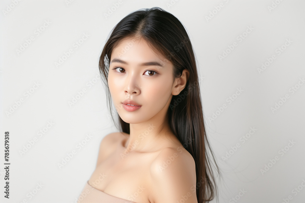 beautiful Asian woman with straight hair wearing a beige tube top against a white background beautiful Asian woman with straight hair wearing a beige tube top against a white background
