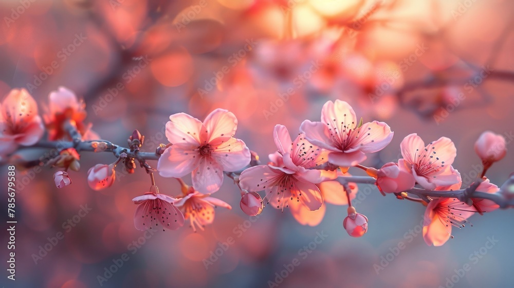 Branch with cherry blossom, blooming, with soft petals. Springtime beauty of nature