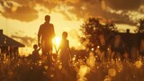 Silhouettes of adult man, father and and children holding hands in a field at sunset behind houses. Bokeh effect