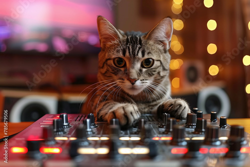 Cat as a DJ in front of a mixing console with bokeh lights. Generative AI image photo