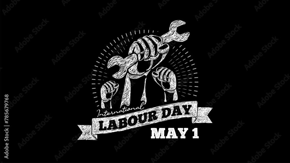 International Labour Day Banner Fist Holding Wrench Chalk Hand Drawn Illustration