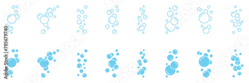 Set of round bubble soap icons. Bubbles of foam, oxygen, soap. Fizzy drink symbol, champagne, laundry. Water bubble, aquarium, effervescent effect. Clean water, clear aqua, soda.
