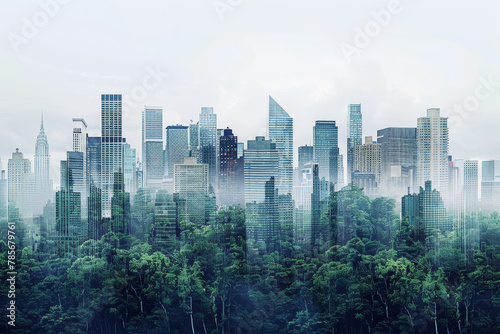 A city skyline is shown with trees in the foreground and a foggy atmosphere. The city appears to be a mix of urban and natural elements  creating a unique and interesting scene