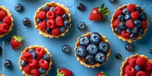 A blue background with a small tarts with blueberries and raspberries