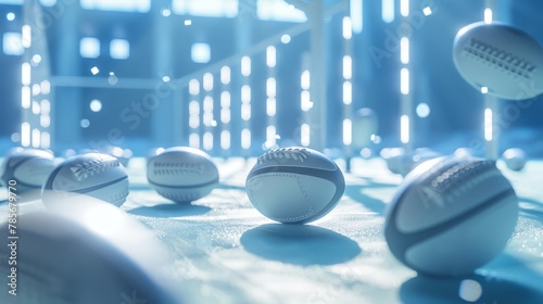 Rugby balls and goal posts in a futuristic D-rendered scene   AI generated illustration photo