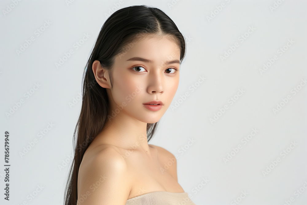 beautiful Asian woman with straight hair wearing a beige tube top against a white background beautiful Asian woman with straight hair wearing a beige tube top against a white background