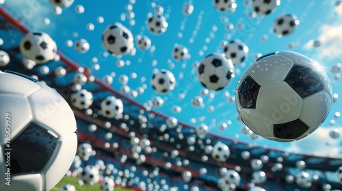 Soccer balls floating in a D-rendered stadium   AI generated illustration