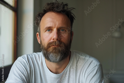 Pensive bearded man gazing with a subtle smile. Generative AI image photo