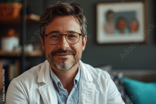 Smiling man with glasses exuding positive mental well-being. Generative AI image photo