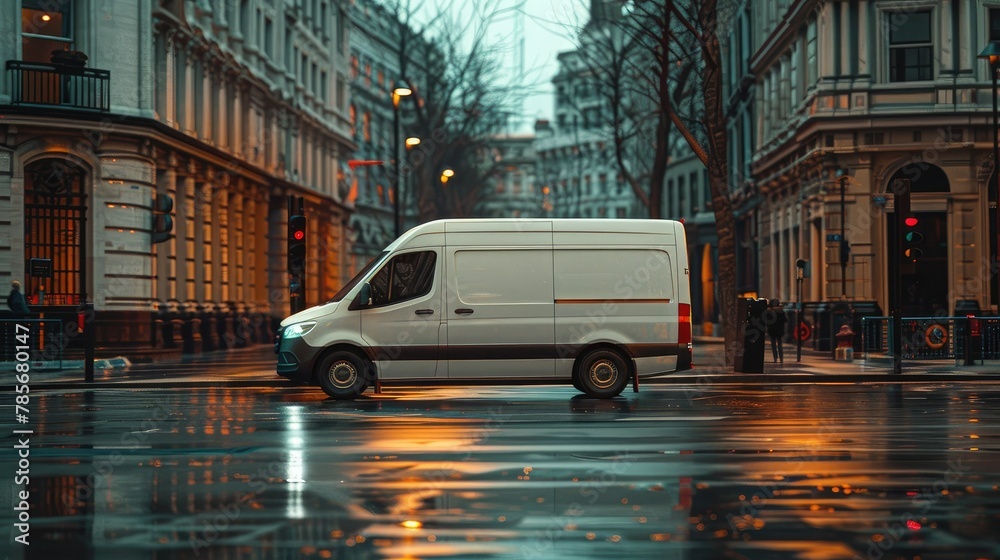 Obraz premium A white van drives through the city in the rain, in a wide shot. Cargo delivery in the city