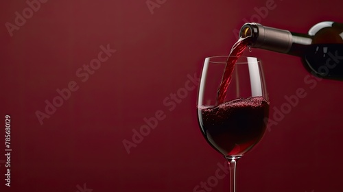 Red wine is poured into a glass on a red background with studio lighting.