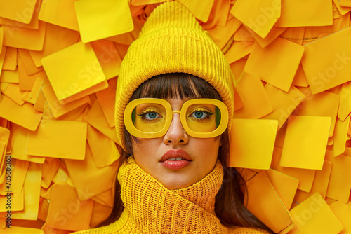 Woman in yellow with surrounding paper notes. Generative AI