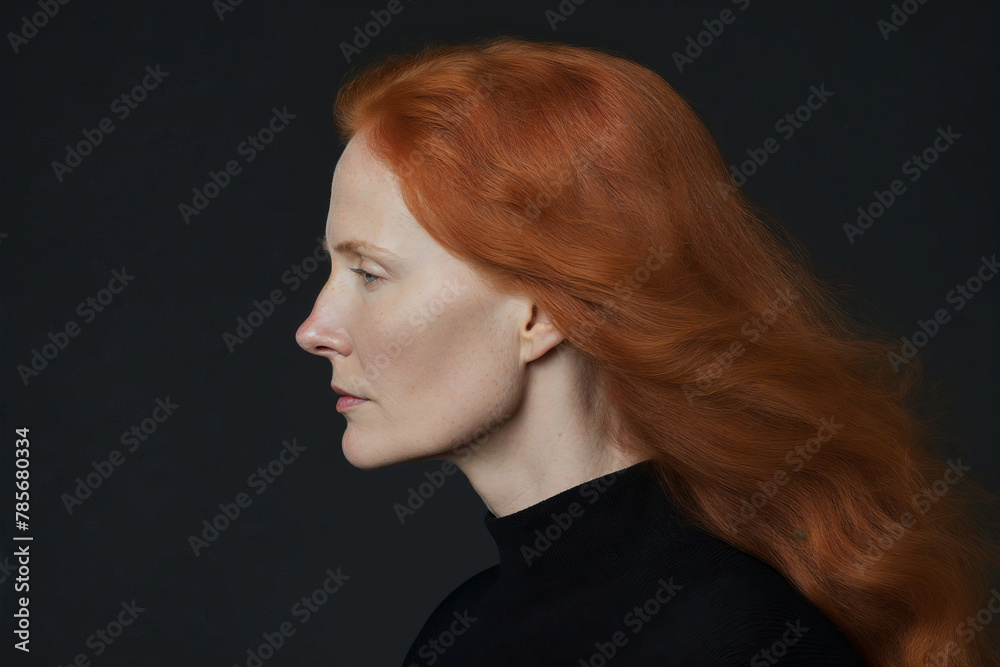 Side profile of a woman with flowing red hair. Generative AI image Side profile of a woman with flowing red hair. Generative AI image