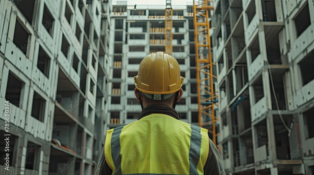 A construction worker in a yellow vest and helmet looking at a front view of an unfinished building, shot from behind his back. Builder or engineer at construction site