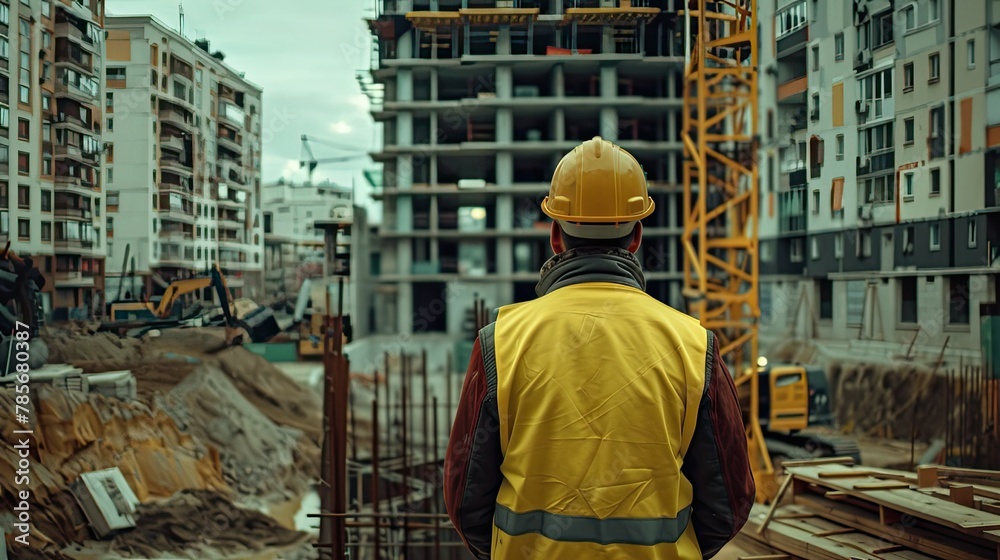 A construction worker in a yellow vest and helmet looking at a front view of an unfinished building, shot from behind his back. Builder or engineer at construction site