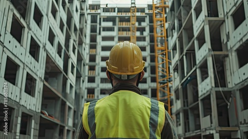 A construction worker in a yellow vest and helmet looking at a front view of an unfinished building, shot from behind his back. Builder or engineer at construction site