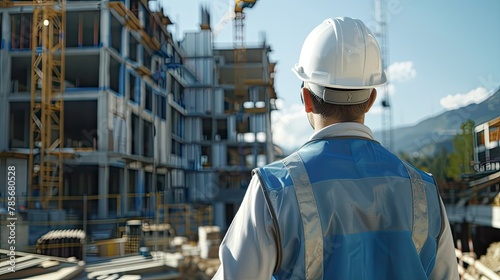 Architect looking at construction site from front, against blue sky. A large building is being built, cranes and people are working on it. The architect wears overalls, a vest and a helmet.