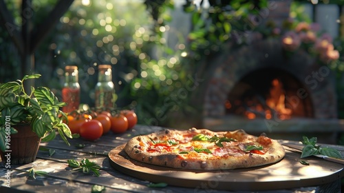 Outdoor wood fired pizza oven with freshly baked Neapolitan style cheese and basil pizza on the table in front, blurred garden background. Pizza grilled on coals in the oven
