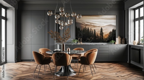 Dark interior of a living room or kitchen, black marble table with a round top and brown velvet chairs, wall painting depicting a forest landscape, modern chandelier, minimalist design.