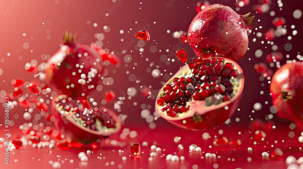Falling pomegranate, several pieces on a red background, with fresh and bright tones, studio lighting. The whole scene is filled with the sweet aroma of juicy fruits. Falling pomegranate, several pieces on a red background, with fresh and bright tones, studio lighting. The whole scene is filled with the sweet aroma of juicy fruits.