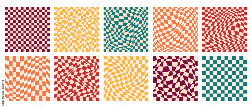 Retro psychedelic checkerboard vector backgrounds set. Groovy wavy y2k checkered patterns