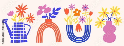 Vector trendy floral flat illustration set. Cutout style flowers in vases. Botanical summer matisse graphic