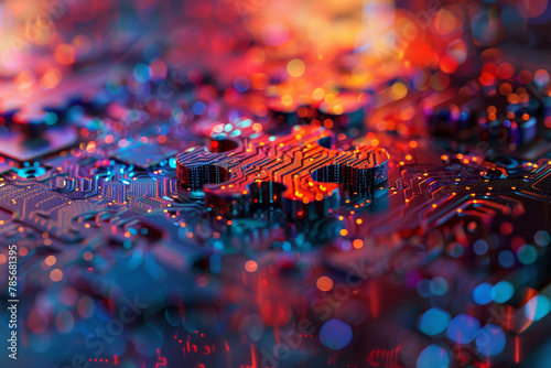 A colorful image of a circuit board with a red square in the middle. The image has a futuristic and abstract feel to it photo