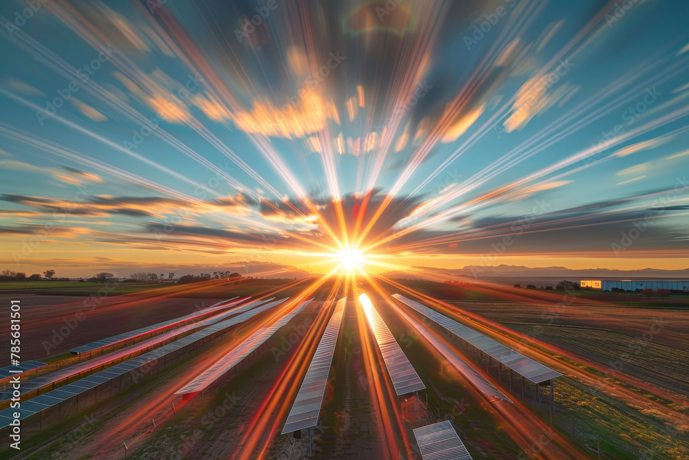 A field of grass with a sun in the sky. The sun is setting and the sky is a mix of blue and orange A field of grass with a sun in the sky. The sun is setting and the sky is a mix of blue and orange