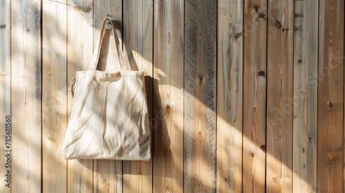 Minimalist Beige Tote Bag Hanging from Rustic Wooden Wall Generative AI