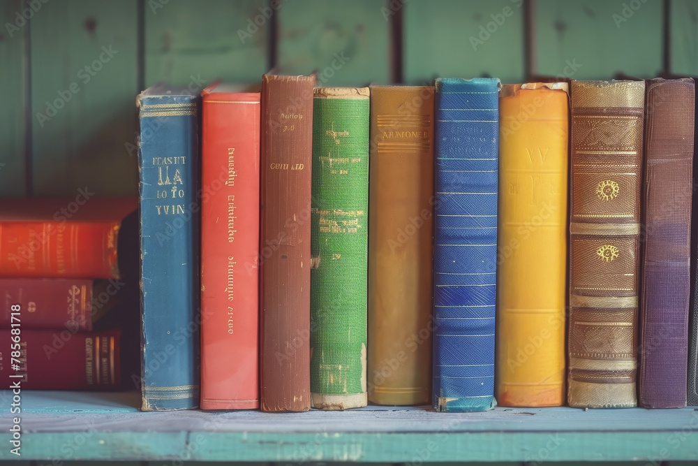 Naklejka premium A row of colorful books on a shelf. The books are arranged in a rainbow order, with the red book on the left, the orange book in the middle, the yellow book on the right, and the green book in between
