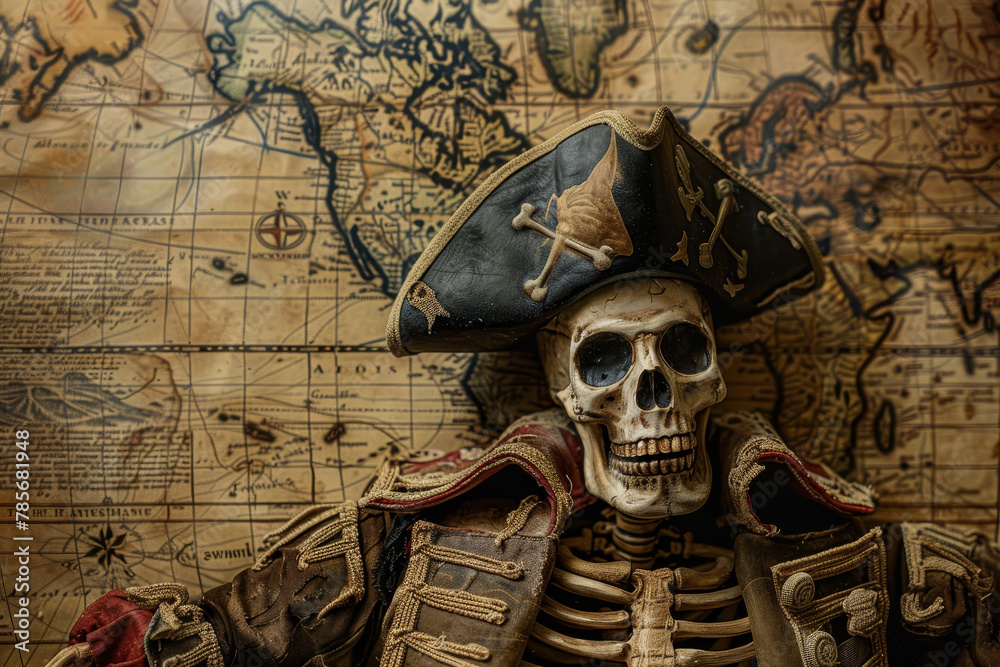 Fototapeta premium A skeleton wearing a pirate's hat is sitting on a map. The skull is smiling and the pirate's hat is black
