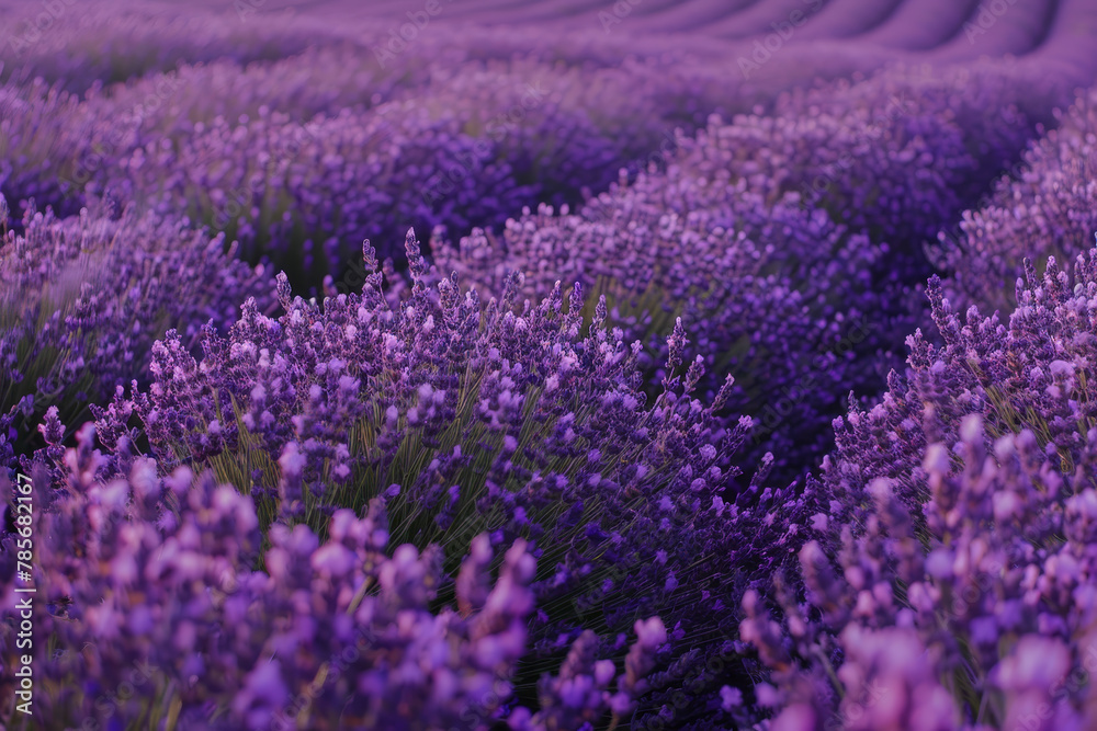 Obraz premium A field of lavender flowers with purple petals. The flowers are in full bloom and are arranged in a neat row. Concept of tranquility and peace, as the purple flowers are a calming and soothing color