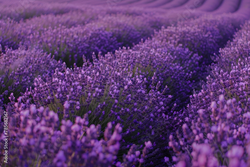 A field of lavender flowers with purple petals. The flowers are in full bloom and are arranged in a neat row. Concept of tranquility and peace, as the purple flowers are a calming and soothing color
