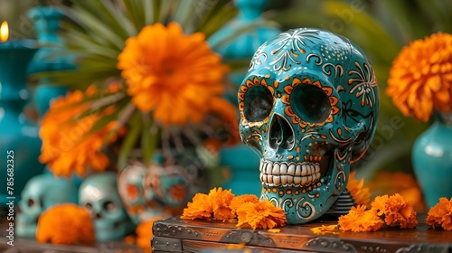 Vibrant Day of the Dead Celebration with Artistic Skulls and Marigolds. Concept Day of the Dead Decor  Sugar Skull Inspiration  Marigold Arrangements  Colorful Altar Displays